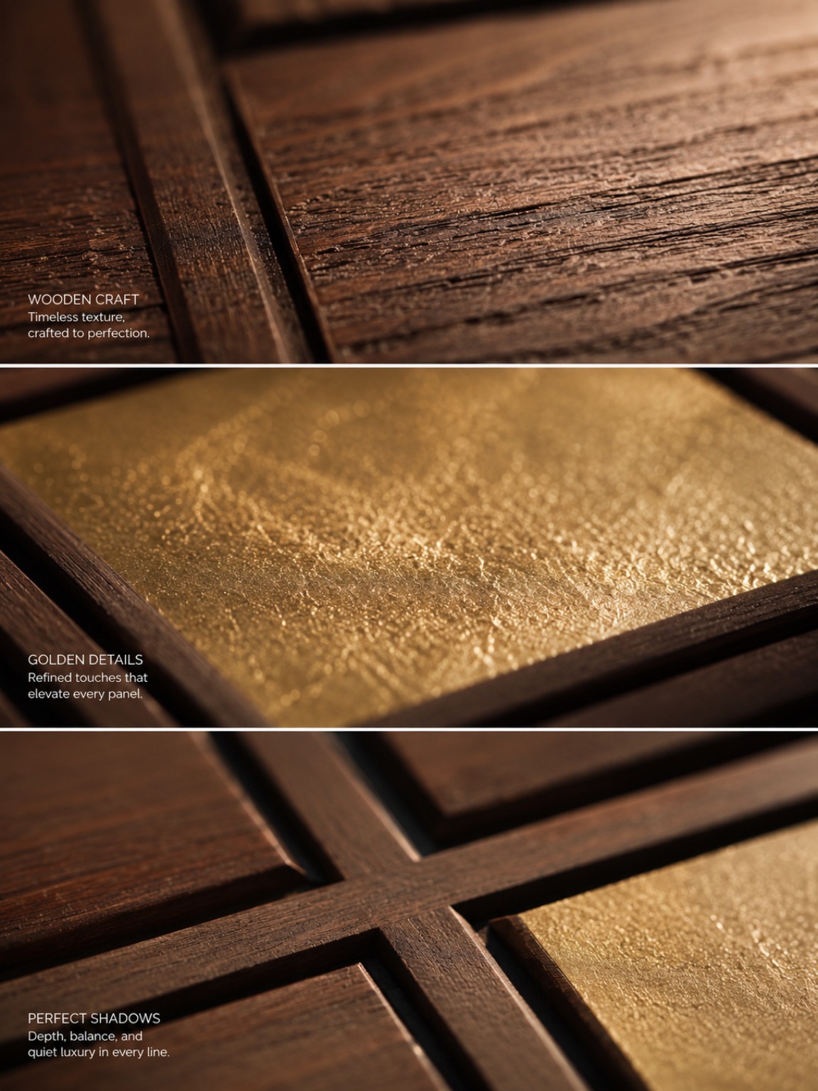 Close-up of GIALO wood and gold panel materials